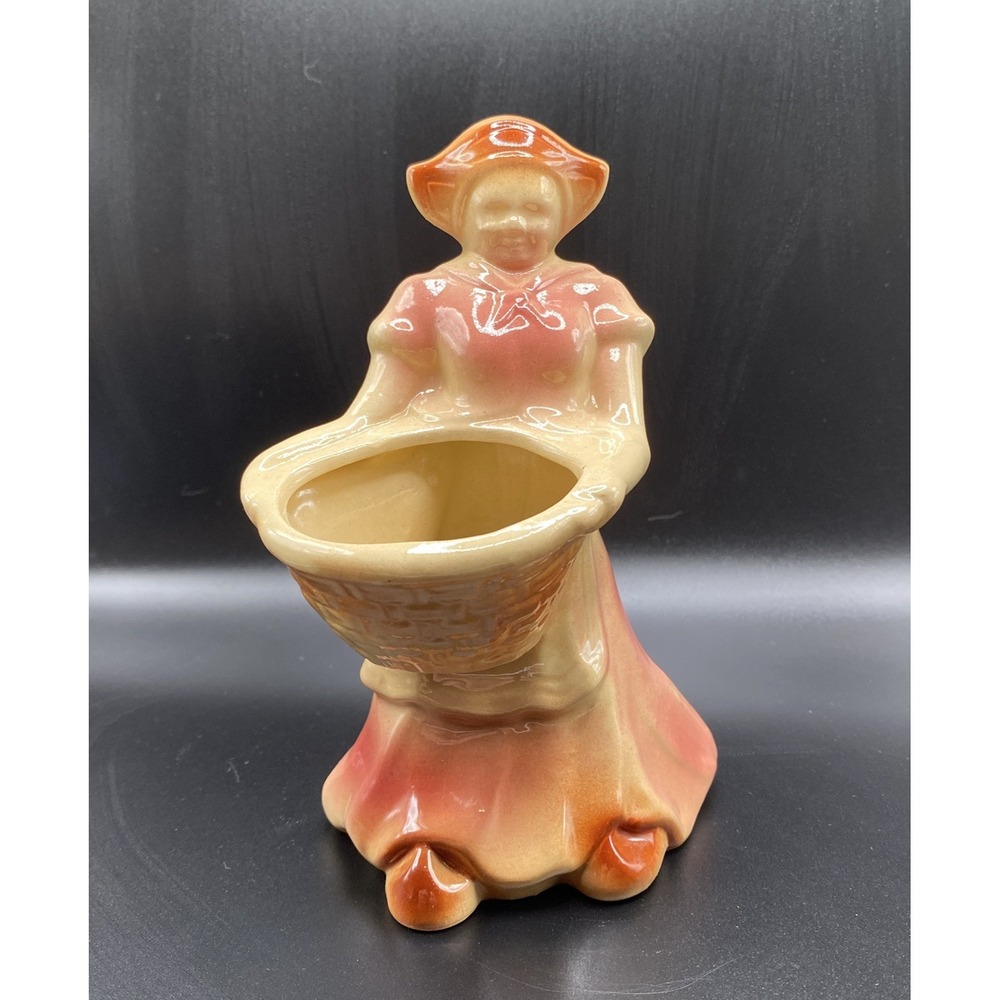Vintage Dutch Woman With Basket Ceramic Pottery Planter Vase Pink Hat Dress 7"